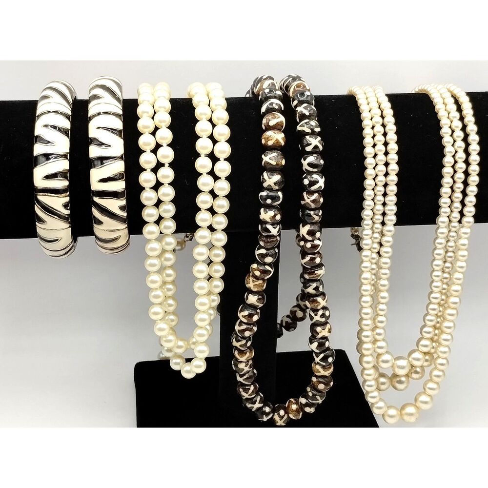 Vintage Faux Pearl, Tribal Inspired Beaded Necklaces Animal Print Bracelet 5pcs